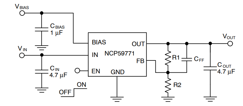 Schéma du circuit d'application - onsemi Régulateurs LDO NCP59771